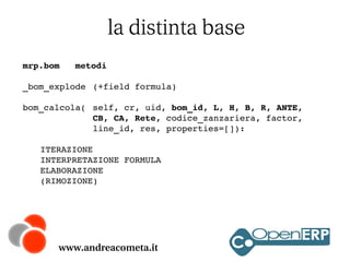 la distinta base
mrp.bom

metodi

_bom_explode (+field formula)
bom_calcola( self, cr, uid, bom_id, L, H, B, R, ANTE, 
CB, CA, Rete, codice_zanzariera, factor, 
line_id, res, properties=[]):
ITERAZIONE
INTERPRETAZIONE FORMULA
ELABORAZIONE
(RIMOZIONE)

www.andreacometa.it

 