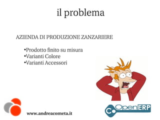 il problema
AZIENDA DI PRODUZIONE ZANZARIERE
Prodotto finito su misura
●
Varianti Colore
●
Varianti Accessori
●

www.andreacometa.it

 