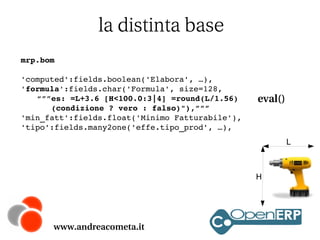 la distinta base
mrp.bom
'computed':fields.boolean('Elabora', …),
'formula':fields.char('Formula', size=128,
“””es: =L+3.6 [H<100.0:3|4] =round(L/1.56)
   (condizione ? vero : falso)"),”””
'min_fatt':fields.float('Minimo Fatturabile'),
'tipo':fields.many2one('effe.tipo_prod', …),

eval()

L

H

www.andreacometa.it

 