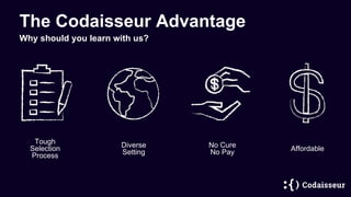 The Codaisseur Advantage
Why should you learn with us?
No Cure
No Pay
Tough
Selection
Process
Diverse
Setting Affordable
 