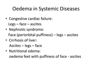 Oedema in Systemic Diseases
• Congestive cardiac failure:
Legs – face – ascites
• Nephrotic syndrome:
Face (periorbital puffiness) – legs – ascites
• Cirrhosis of liver:
Ascites – legs – face
• Nutritional edema:
oedema feet with puffiness of face - ascites
 