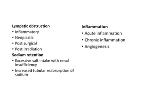 Lympatic obstruction
• Inflammatory
• Neoplastic
• Post surgical
• Post irradiation
Sodium retention
• Excessive salt intake with renal
insufficiency
• Increased tubular reabsorption of
sodium
Inflammation
• Acute inflammation
• Chronic inflammation
• Angiogenesis
 