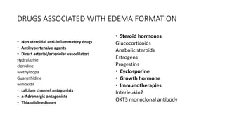 DRUGS ASSOCIATED WITH EDEMA FORMATION
• Non steroidal anti-inflammatory drugs
• Antihypertensive agents
• Direct arterial/arteriolar vasodilators
Hydralazine
clonidine
Methyldopa
Guanethidine
Minoxidil
• calcium channel antagonists
• a-Adrenergic antagonists
• Thiazolidinediones
• Steroid hormones
Glucocorticoids
Anabolic steroids
Estrogens
Progestins
• Cyclosporine
• Growth hormone
• Immunotherapies
Interleukin2
OKT3 monoclonal antibody
 