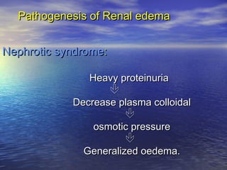 Pathogenesis of Renal edemaPathogenesis of Renal edema
Nephrotic syndromeNephrotic syndrome::
Heavy proteinuriaHeavy proteinuria

Decrease plasma colloidalDecrease plasma colloidal

osmotic pressureosmotic pressure

Generalized oedema.Generalized oedema.
 