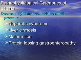 Pathophysiological Categories ofPathophysiological Categories of
edemaedema
Decrease plasma colloidal osmoticDecrease plasma colloidal osmotic
pressurepressure
Nephrotic syndromeNephrotic syndrome
Liver cirrhosisLiver cirrhosis
MalnutritionMalnutrition
Protein loosing gastroenteropathyProtein loosing gastroenteropathy
 