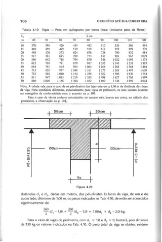 106 O EDIFrCIO ATÉ SUA COBERTURA
Tabela 4.10 Vigas - Peso em quilograma por metro linear (inclusive peso da fôrma)
b o h e m
e m 40 50 60 70 80 90 100 110 120
10 370 398 426 454 482 510 538 566 594
15 410 459 499 539 579 619 659 699 739
20 468 520 572 624 676 728 780 832 884
25 517 581 645 709 773 837 901 965 1029
30 566 642 718 794 870 946 1022 1098 1174
35 615 703 791 879 967 1055 1 143 1231 1319
40 664 761 864 964 1064 1164 1264 1364 1464
45 713 825 937 1049 1 161 1273 1385 1497 1609
50 762 886 1010 1134 1258 1382 1506 1630 1754
55 811 947 1083 1219 1355 1491 1627 1763 1899
60 860 1008 1156 1304 1452 1600 1748 1896 2044
Nota. A tabela vale para o caso de os pés-direitos das lajes estarem a 1,00 m de distância das faces
da viga. Para condições diferentes, especialmente para vigas de perímetro, os seus valores deverão
ser corrigidos de conformidade com o exposto na p. 101.
Para o caso de vários andares concretados no mesmo mês, leve-se em conta, no cálculo dos
pontaletes, a observação da p. 10.L
S O e m S O e m
distâncias d i e d 2 , dadas em metros, dos pés-direitos às faces da viga, de um e do
outro lado, diferirem de 1,00 m, os pesos indicados na Tab. 4.10, deverão ser acrescidos
algebricamente de
260 260
2 (d i -1,0) + 2 (d 2 -1,0) = ;' 1 3 0 (d i + d 2 - 2,0) kg.
Para o caso de vigas de perímetro, com d i = 1,0 e d 2 = O, bastará, pois diminuir
de 130 kg os valores indicados na Tab. 4.10. O peso total da viga se obtém, eviden-
 