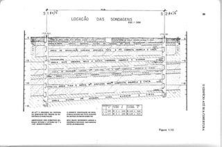 ~
LOCAÇAO SONDAGENS
ESC. I: 300
os N.os À ESQUERDA DA VERTICAL
DA SONDAGEM SÃO (NO ICES DE RE-
SIST~NCIA À PENETRAÇÃO
A CO RRETA V ERIFICA ÇÃ O D O N IV EL
O'ÁGUA DEVERÁ SER FEITA ATRAVÉS
DE UM POÇO DE MAIOR DIÂMETRO
AMOSTRADOR COM DIÂMETROS NO-
MINAIS INTERNO E EXTERNO DE 1" E
1 5/8", RESPECTIVAMENTE
ESTA seçÃo REPRESENTA APENAS A
SEaÜ~NCIA PROVÁVEL DAS CAMADAS
ENTRE AS SONDAGENS
 