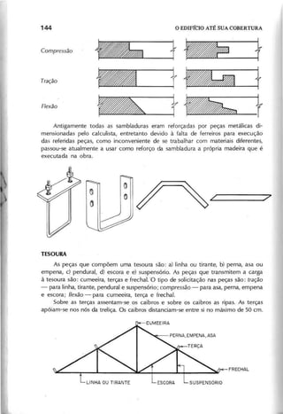 " -f_ f
--+ " -t
~ t •• t
Antigamente todas as sambladuras eram reforçadas por peças metálicas di-
mensionadas pelo calculista, entretanto devido à falta de ferreiros para execução
das referidas peças, como inconveniente de se trabalhar com materiais diferentes,
passou-se atualmente a usar como reforço da sambladura a própria madeira que é
executada na obra.
As peças que compõem uma tesoura são: a) linha ou tirante, b) perna, asa ou
empena, c) pendural, d) escora e e) suspensório. As peças que transmitem a carga
à tesoura são: cumeeira, terças e frechal.O tipo de solicitação nas peças são: tra ç ã o
- para linha, tirante, pendural e suspensório; c o m p re s s ã o - para asa, perna, empena
e escora; fle x ã o - para cumeeira, terça e frechal.
Sobre as terças assentam-se os caibros e sobre os caibros as ripas. As terças
apóiam-se nos nós da treliça. Os caibros distanciam-se entre si no máximo de 50 cm.
 