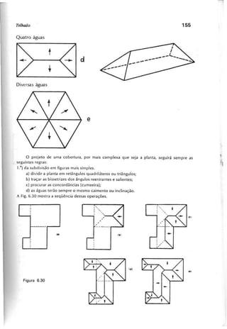 o projeto de uma cobertura, por mais complexa que seja a planta, seguirá sempre as
seguintes regras:
,:) da subdivisão em figuras mais simples.
a) dividir a planta em retângulos quadriláteros ou triângulos;
b) traçar as bissetrizes dos ângulos reentrantes e salientes;
c) procurar as concordâncias (cumeeira);
d) as águas terão sempre o mesmo caimento ou inclinação.
A Fig. 6.30 mostra a seqüência dessas operações.
 