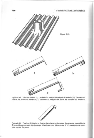 Figura 6.64 Ganchos chatos. a) Utilizado na fixação em terças de madeira; b) utilizado na
fixação de estruturas metálicas; c) utilizado na fixação em terças de concreto ou metálicas
Figura 6.65 Parafuso. Utilizado na fixação das chapas onduladas e de peças de concordância.
É fornecido com arruela de chumbo e é fabricado com diâmetro de 5/16", devidamente prote-
gido contra ferrugem
 