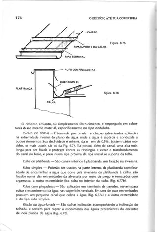 L ÚrCAIBRO
...- . <7 . . .- _.-::::'=-_~
h_~IIII!!'~?;""":==(;o!=-:==·~=?~.
'fRIPASUPORTE DA
CALHA
cL---------~-~
RIPA TERMINAL
o cimento amianto, ou simplesmente fibra-cimento, é empregado em cober-
turas desse mesmo material, especificamente no tipo ondLlado_
C A L H A D E B E IR A L - É formada por canais e chapas galvanizadas aplicadas
na extremidade inferior do plano de água, onde a água é captada e conduzida a
outros elementos. Sua declividade é mínima, da o em de 0,5%. Existem vários mo-
delos, os mais usuais são os da Fig. 6.74. Ela possui, além do canal, uma aba mais
longa para ser fixada e proteger contra os respingos e evitar o transbordamento
do canal no forro, é presa numa ripa próxima da ripa inicial de suporte da telha.
C a lh a de p la tib a n d a - São canais internos à platibanda sem fixaçãq na alvenaria.
R u fa s s im p le s - Poderão ser usados na parte interna da platibanda com fina-
lidade de encaminhar a água que corre pela alvenaria da platibanda à calha; são
fixados numa das extremidades da alvenaria por meio de prego e rematados com
argamassa, a outra extremidade fica solta no interior da calha (Fig. 6.77b).
R u fa s com p in g a d e ira s - São aplicados em terminais de paredes, servem para
evitar oescorrimento da água nas superfícies verticais. Em uma de suas extremidades
possuem um pequeno canal que coleta a água (Fig. 6.77a) e a outra extremidade
é do tipo rufo simpJes.
R in c à o ou á g u a -fu rta d a - São calhas inclinadas acompanhando a inclinação do
telhado, e servem para captar o escoamento das águas provenientes do encontro
de dois planos de água (Fig. 6.78).
 