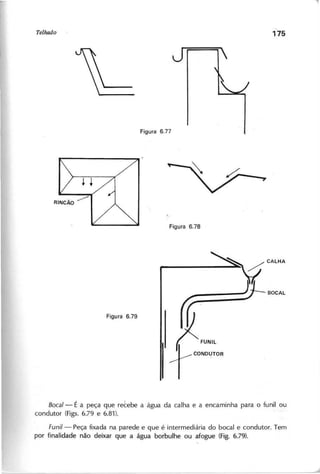 J 1
~ /. C A L H A
)o (
)XCUNIL
teONOUTOR
B o c a l- É a peça que retebe a água da calha e a encaminha para o funil ou
condutor (Figs. 6.79 e 6.81).
F u n il - Peça fixada n a parede e que é intermediária do bocal e condutor. Tem
por finalidade não deixar que a água borbulhe ou afogue (Fig. 6.79).
 