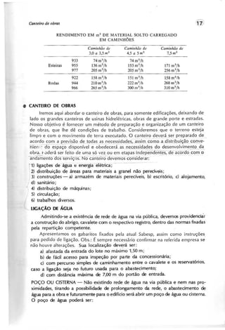 RENDIMENTO EM m3 DE MATERIAL SOLTO CARREGADO
EM CAMINHÕES
C a m in h ã o d e C a m in h ã o d e C a m in h ã o d e
3 ,0 a 3,5 m 3
4 ,5 a 5 m
3
7 ,5 m
3
933 74m3
/h 74 m3
/h
Esteiras 955 136 m3
/h 153 m3
/h 171 m3
/h
977 205 m3
/h 205 m3
/h 256 m3
/h
922 158 m3
/h 151 m3
/h 1 5 8 m 3
/h
Rodas 944 21Om3
/h 222 m3/h 268 m3
/h
966 265 m3
/h 300 m3
/h 310 m3
/h
• C A N T E I R O D E O B R A S
Iremos aqui abordar o canteiro de obras, para somente edificações, deixando de
lado os grandes canteiros de usinas hidrelétricas, obras de grande porte e estradas.
Nosso objetivo é fornecer um método de preparação e organização de um canteiro
de obras, que lhe dê condições de trabalho. Consideremos que o terreno esteja
limpl) e com o movimento de terra executado. O canteiro devE~rá_serpreparado de
acord~?~_ay~visão c!e tQdas as nes:essida..d~s,_
ãssim como_a_distr:lbui~º çonve-
nierl,'.":do espaço disponível e obedecerá as necessidades do desenvolvimento da
obra. t- oderá ser feito de uma só vez ou em etapas independentes, de acord~ o'
-ariêlar:;:;entodos servlç0s. No canteiro devemos considerar: -
) ligações de água e energia elétika; - -
2) distribuição de áreas para materiais a granel não perecíveis;
3) construções - a) armazém de materiais perecíveis, b) escritório, d alojamento,
d) sanitário;
4) distribuição de máquinas;
5) circulação;
6) trabalhos diversos.
L I G A Ç Ã O D E Á G U A
Admitindo-se a existência de rede de água na via pública, devemos providenciéir
a construção do abrigo, cavalete com o respectivo registro, dentro das normas fixadas
pela repartição competente.
Apresentamos os gabaritos fixados pela atual Sabesp, assim como instruções
para pedido de ligação. Obs.: É sempre necessário confirmar na referida empresa se'
não houve alterações. Sua localização deverá ser:
a) afastada da entrada do lote no máximo 1,50 m;
b) de fácil acesso para inspeção por parte da concessionária;
d com percurso simples de caminhamento entre o cavalete e os reservatórios,
caso a ligação seja no futuro usada para o abastecimento;
d) com distância máxima de 7,00 m do portão de entrada.
POÇO OU CISTERNA- Não existindo rede de água na via pública e nem nas pro-
ximidades, tirando a possibilidade de prolongamento da rede, o abastecimento de
água para a obra e futuramente para o edifício será abrir um poço de água ou cisterna.
O poço de água poderá ser:
 