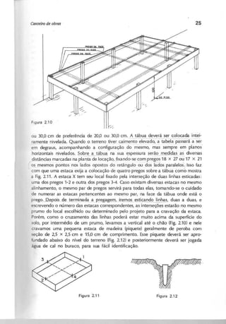 ou 30,0 cm de preferência de 20,0 ou 30,0 cm. A tábua deverá ser colocada intei-
ramente nivelada. Quando o terreno tiver caimento elevado, a tabela passará a ser
e~ degraus, aco~pa;:;hando a configuração do mesmo, mas sempre em planos-
horizontais nivelados. Sobre a tábua na sua espessura ~e~didas ~~_diversas
distâncias marcadas na planta de locação, fixando-se com pregos 18 x 27 ou 17 x 21
r o2.JJ1es~os pontos nos lados opostos do retângulo ~u dos lados paralelos) Isso faz
com que uma estaca exija a colocação de quatro pregos sobre a tábua como mostra
a Fig. 2.11. A estaca X tem seu local fixado pela interseção de duas linhas esticadas:
uma dos pregos 1-2 e outra dos pregos 3-4. Caso existam diversas estacas no mesmo
alinhamento, o mesmo par de pregos servirá para todas elas, tomando-se o cuidado
de numerar as estacas pertencentes ao mesmo par, na face da tábua onde está o
prego.J2ep_Qi.s~ JermLnada a preg~~, ir~JIlos esticando linhas, duas a duas, e
escrevendo o número das estacas correspondentes, as interseções estarão no mesmo
prumo do local escolhido ou determinado pelo projeto para a cravação da estaca.
Porém, como o cruzamento das linhas poderá estar muito acima da superfície do
solo, por intermédio de um prumo, levamos a vertical até o chão (Fig. 2.10) e nele
cravamos ~ma pequena estaca de madeira (piquete) geralmente de peroba com
-eção de 2,5 x 2,5 cm e 15,0 cm de comprimento. Esse piquete deverá ser apro-
iundado abaixo do nível do terreno (Fig. 2.12) e posteriormente deverá ser jogada
água de cal no buraco, para sua fácil identificação.
 