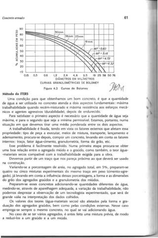 90
O
(f)
w 80
(L
::2' 70
w
(f)
~ 60
O
~
...J
50
::;)
::2' 40
::;)
u
~ 30
> i!
o
20
10
0,15 0,3 1,2 2,4 4,8 9,5 19 25 38 5076
DIÂMETROS EM MILíMETROS
CURVAS GRANULOMETRICAS DE BOLOMEY
Método do ITER5
Uma condição para que obtenhamos um bom concreto, é que a quantidade
de água a ser utilizada no concreto atenda a dois aspectos fundamentais: máxima
trabalhabilidade quando recém-misturado e máxima resistência aos esforços mecâ-
nicos e agentes agressivos (durabilidade), depois de endurecido.
Para satisfazer o primeiro aspecto é necessário qúe a quantidade de água seja
máxima, e para o segundo que seja a mínima permissível. Estamos, portanto, numa
situação em que devemos tirar uma média ponderada entre os dois aspectos.
A trabalhabilidade é fixada, tendo em vista os fatores externos que afetam essa
propriedade: tipo de peça a executar, meios de mistura, transporte, lançamento e
adensamento, procura-se depois, compor um concreto, levando em conta os fatores
internos: traço, fator água-cimento, granulometria, forma do grão, etc.
Esse problema é facilmente resolvido. Numa primeira etapa procura-se obter
uma boa relação entre o agregado miúdo e o graúdo, como também, o teor água-
-materiais secos compatível com a trabalhabilidade exigida para a obra.
Devemos partir de um traço que nos pareça próximo ao que deverá ser usado
na construção.
Variando-se a porcentagem de areia, no agregado total, em 5%, preparam-se
quatro ou cinco misturas experimentais do mesmo traço em peso (cimento-agre-
gado), já levando em conta a influência dessas porcentagens, a forma e as dimensões
do grão dos agregados graúdos e a granulometria dos miúdos.
Preparam-se esses concretos adicionando-se quantidades diferentes de água,
medindo-se, através de aparelhagem adequada, a variação da trabalhabilidade, não
podemos desprezar a observação de um tecnologista experimentado, que será de
grande valia na interpretação dos dados colhidos.
Os valores dos teores (água-materiais secos) são afetados pela forma e gra-
duação dos agregados graúdos, bem como pelas condições externas. Nesse caso
emprega-se sempre o mesmo concreto, no qual se vai adicionando água.
No caso de se ter vários agregados, é antes feita uma mistura prévia, de modo
a reduzi-Ios a um graúdo e a um miúdo.
 