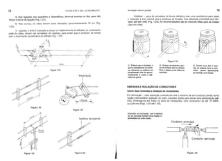 12 o EDIFÍCIO E SEU ACABAMENTO Instalação elétrica predial 13
3) Enrole uma das 6 espi-
rais do extremo livre no oon-
dutor; aperte ligeiramente
as espirais, oom alicate.
Figura 1.24
2) Enlace novamente o gor-
ne da roldana oom o extremo
livre e passe-o por baixo do
condutor.
Roldana - peça de porcelana de forma cilíndrica com uma reentrância para alojar
o condutor e furo central para o parafuso de fixação. Sua utilização é limitada para ten-
sões até 600 volts (Fig. 1.24). As recomendações são as mesmas feitas para as instala-
ções em clites.
1) Enlace com o condutor, o
gorne (reentrância) da rolda-
na, deixando no extremo um
oomprimento livre de aproxi-
madamente 6 vezes o diâ-
metro do gome.
EMENDAS E ISOLAÇÃO DE CONDUTORES
Como fazer emendas e isolação de condutores:
Em derivação - esta operação consiste em unir o extremo de um condutor (ramal) numa
região intermediária qualquer do outro condutor (rede) para tomar uma alimentação elé-
trica. Emprega-se em todos os tipos de instalações, com condutores de até 10 AWG,
ou 5,26 mm (Figs. 1.25 até 1.32).
~
.. /
/
 Amarração
1.50m
Figura 1.19
5) Nas ligações aos aparelhos e dispositivos, deve-se amarrar os fios para não
forçar o borne de ligação (Fig. 1.21).
6) Nas curvas, os clites devem estar afastados aproximadamente 10 cm (Fig.
1.22).
7) Ouando a linha é esticada e presa no madeiramento do telhado, os condutores
junto às elites, devem ser enrolados em espiras, para evitar que o condutor se rompa
com o movimento da estrutura do telhado (Fig. 1.23).
Figura 1.20
Figura 1.21
Condutor principal
~
Condutor derivado
Figura 1.25
Emendas em derivação: unir o extremo
de um condutor (ramal) numa região in-
termediária do outro (rede).
Sanfona de espiras
Figura 1.23
Figura 1.22
 