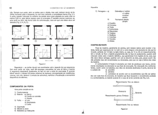 42 o EDIFfcIO E SEU ACABAMENTO Esquadrias 43
ção. Sempre que puder, abrir as portas para a direita, mas sem nenhum receio de fa-
zê-Ias funcionar para a esquerda, se com isso melhorar a comodidade interna (Fig. 3.1).
A porta, quando colocada no extremo da parede deve e.star afastada do canto mais ou
menos 0,20 m, para deixar espaço para os arremates. E também preciso examinar se,
uma porta ao abrir, não fecha outra de comunicação, caso em que uma delas deve ser
alterada (Fig. 3.1A, B, C).
Dobradiça c/ rodrzio
s/ rodrzio
invisrvel
panela
Fechadura cilindro
gorges
c) Espelho
d) Cruzetas
e) Testa
f) Contra-testa
g) Maçanetas
h) Tarjetas
i) Rodrzios
j) Conchas
I) Ferrolho
m) Molas
b)
7) Ferrage.ns - a)
CONTRA-BATENTE
Peça de madeira, geralmente de peroba, sem rebaixo (jabre) para receber o ba-
tente, tendo por espessura de 3 a 3,50 cm e como largura a da alvenaria do vão que for
revestir, portanto de 1/2 tijolo ou tijolo inteiro, ou seja, de 14 ou 28 cm respectivamente;
tem a função de fixar o batente propriamente dito na fase do acabamento, quando será
colocado sobre este o batente definitivo, que geralmente é de madeira de lei, cara, que
não deve deixar estragar, queimar com cal no decorrer da obra, pois, peças assim não
são pintadas mas sim envernizadas ou enceradas, para que se veja a beleza das veias
da madeira.
O contra-batente é fixado à alvenaria por meio de parafusos aos tacos, previa-
mente chumbados na alvenaria na sua fase de execução. Na colocação dos contra-ba-
tentes, assim como os batentes, nos vãos de alvenaria destinados à porta, deve-se ter
o cuidado de: a) prumá-Io
b) alinhá-lo
c) centralizar de acordo com os revestimentos que irão ser aplica-
dos em cada face da alvenaria, de maneira que fique faceando o revestimento acabado
e o contra-batente, ou batente quando for o caso de se ter somente ele (Fig. 3.2).
l' -=Jl!
1

- /-
I'L 

r,
"
I

~
® ®
-
---
r----
,--"-0--
® O~1m ®
Figura 3.1
Segurança - as portas devem ser examinadas sob o ~pecto de sua segurança.
Sob esse ponto de vista, será útil empregar esquadrias de uma s6 folha ~ maciça.
A segurança dependerá, igualmente, do tipo em que a porta for executada. E aconse-
lhável reduzir o número de portas externas de ingresso, principalmente em residências;
visa-se, com isto, diminuir a entrada de estranhos, melhorar a fiscalização e economizar
dispositivos de alarmes.
Revestimento fino ou reboco
Figura 3.2
Revestimento fino ou reboco
Batente
Alvenaria
Revestimento grosso. Emboço
Uma porta compõe-se de:
1) Contra-batente
2) Batente -a) Marco
b) Caixão ou caixotão
c) Aduela
3) Folha - a) Lisa
b) Almofadada
c) Calha
4) Guarnição
5) SÔcolo ou soco
G) Batedeira ou mata-junta
COMPONENTES DA PORTA
 