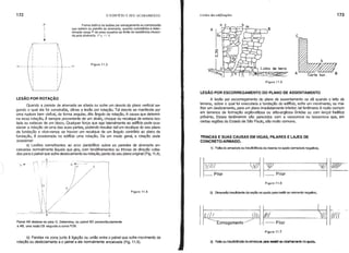 172 o EDIFÍCIO E SEU ACABAMENTO Lesões das edificações 173
c
Figura 11.5
Figura 11.6
(BJ I1 '1)V ~ bp-:
 -=--pil-ar---4 F-
I i I ri/I d/I!
-------Esmagamento ~ -- Pilar
1) Falta de armadura ou insuficiência da mesma no apoio (armadura negativa).
2) Dimensão Insuficiente da seção no apoio para resilir ao momento negativo.
11)/
_ Pilar
TRINCAS E SUAS CAUSAS EM VIGAS, PILARES E LAJES DE
CONCRETQ-ARMADO.
LESÃO POR ESCORREGAMENTO DO PLANO DE ASSENTAMENTO
A lesão por escorregamento do plano de assentamento se dá quando o leito do
terreno, sobre o qual foi executada a fundação do edifrcio, sofre um movimento, ou me-
I~or um deslizamento, para um plano imediatamente inferior; tal fenÔmeno é muito comum
em terrenos de formação argilo-siltosa ou silto-argilosa tímidas ou com lençol freático
próximo. Esses fenômenos são parecidos com a vassoroca ou bossoroca que, em
certas regiões do Estado de São Paulo, são muito comuns.
Fif)ura 11.4
D
Figura 11.3
Forma teórica de lesões por esmagamento ou compressão
que sofrem os painéis de alvenaria, quando submetidos a deter-
minada carga P de peso superior ao limite de resistência ofereci-
da pela alvenaria. (Flg. 113)
__ C<J
p
1
I
I
I
I
I I
I I
-1-------t-
I I
I I
I I
I I
I I
I I
Painel AB desloca-se para G. Determina, no painel BD perpendicularmente
a AB, uma lesão EB segundo a curva FOB.
LESÃO POR ROTAÇÃO
Quando a parede de alvenaria se afasta ou sofre um desvio do plano vertical se-
gundo o qual ela foi construrda, dá-se a lesão por rotação. Tal desvio se manifesta por
uma ruptura bem visrvel, de forma angular, dito ângulo de rotação. A causa que determi-
na essa rotação, é sempre proveniente de um abalo, choque ou recalque de estaca iso-
lada ou estacas de um bloco. Qualquer força que age lateralmente ao ediffcio pode oca-
sionar a rotação de uma das suas partes, podendo resultar dar um recalque do seu plano
de fundação e vice-versa; se houver um recalque de um ângulo contrário ao plano de
fundação, é ocasionada no edifrcio uma rotação. De um modo geral, a rotação pode
ocasionar:
a) Lesões semelhantes ao arco parabólico sobre as paredes de alvenaria en-
caixadas normalmente àquela que gira, com fendilhamentos ou trincas de direção volta-
das para o painel que sofre deslocamento ou rotação, ponto do seu plano original (Fig. 11.4).
A
G- - r' rT--- Q-/"-;~- E
 /
 I I I
 I o I
__
v~ _~
B
Figura 11.7
b) Fendas na zona junto á ligação ou união entre o painel que sofre movimento de
rotaçao ou deslocamento e o painel a ele normalmente encaixada (Fig. 11.5). 3) Falta ou Inauftclênclada armadura para r•• lldr ao clz.lhamlnto no apolo.
 