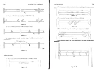 174 o EDlFfcIO E SEU ACABAMENTO Lesões das edificações 175
/
/ 
/ 
 )
 !
v
Pilar
Figura 11.13
2) Trinca causada por insuficiência ou falta de estribos; armação longitudinal rompe, o concreto
flamba.
4) Dimensão insuficiente da seção no apoio p.araresistir ao cizalhamento.
1
! 
I 
 I
 /
V
Figura 11.15
Figura 11.14
4) Trinca causada por flambagem nos pontos de engaste (no pé e na cabeça do pilar).
3) Trinca causada por flambagem do pilar no meio da altura (pé direito).
Pilar-I~
Figura 11.10
Figura 11.9
II
5) Falta ou insuficiência de armadura positiva no meio do vão da viga.
6) Dimensão insuficiente da seção no melo do vão para resistir à compressão causada pelo
momento positivo.
5) Trinca causada por tração no pilar, quando passa a trabalhar como tirante, sem estar para Isto
dimensionado.
br
~_~)li~1 n --":-=_~
Figura 11.12 Flgur.ll,16
Figura 11.11
1) Trinca causada por insuficiência ou falta de armação ou de seção de concreto.
TRINCAS EM PILARES
 