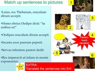 Match up sentences to pictures 
•Laius, rex Thebarum, oraculum 
dirum accepit. 
•Homo ebrius Oedipo dixit: “tu 
nothus es!” 
•Oedipus oraculum dirum accepit. 
•Iocasta uxor puerum peperit. 
•Servus infantem pastori dedit. 
•Rex imperavit ut infans in monte 
exponeretur. 
Patrem 
tuum 
necabis! 
1 
2 
EXTRA: 
Translate the sentences into En! 
3 
4 
5 
6 
 
