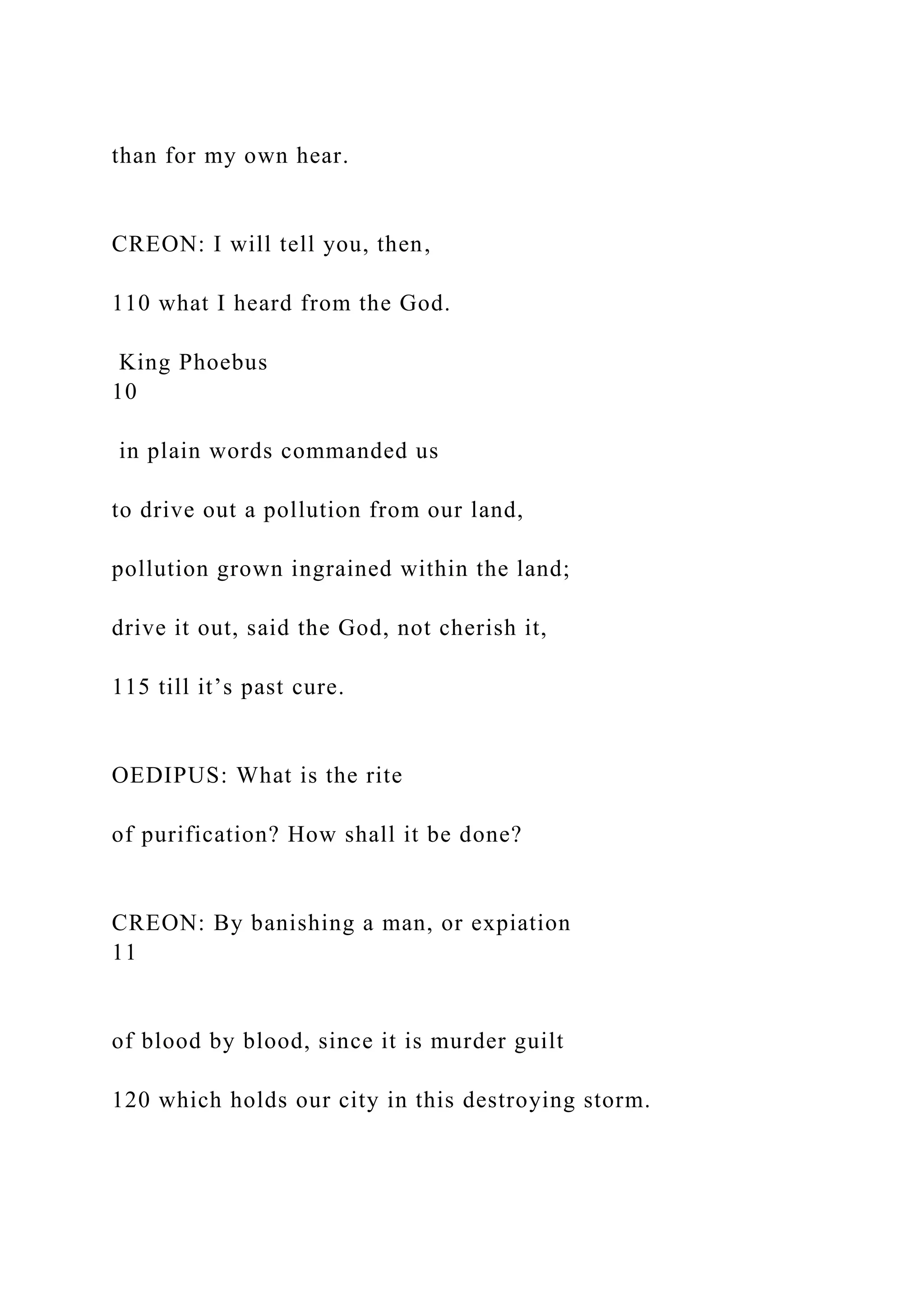 than for my own hear.
CREON: I will tell you, then,
110 what I heard from the God.
King Phoebus
10
in plain words commanded us
to drive out a pollution from our land,
pollution grown ingrained within the land;
drive it out, said the God, not cherish it,
115 till it’s past cure.
OEDIPUS: What is the rite
of purification? How shall it be done?
CREON: By banishing a man, or expiation
11
of blood by blood, since it is murder guilt
120 which holds our city in this destroying storm.
 