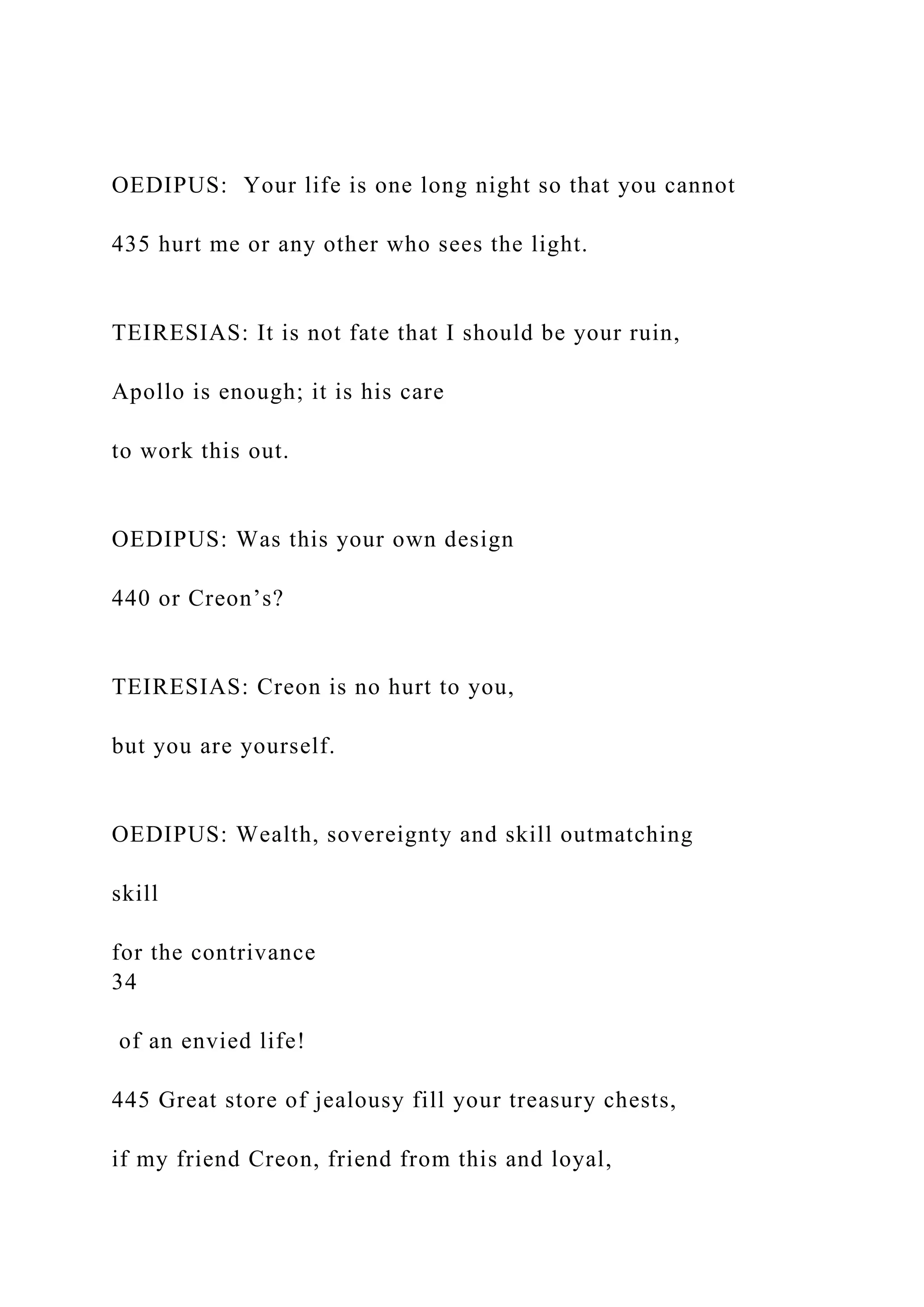 OEDIPUS: Your life is one long night so that you cannot
435 hurt me or any other who sees the light.
TEIRESIAS: It is not fate that I should be your ruin,
Apollo is enough; it is his care
to work this out.
OEDIPUS: Was this your own design
440 or Creon’s?
TEIRESIAS: Creon is no hurt to you,
but you are yourself.
OEDIPUS: Wealth, sovereignty and skill outmatching
skill
for the contrivance
34
of an envied life!
445 Great store of jealousy fill your treasury chests,
if my friend Creon, friend from this and loyal,
 
