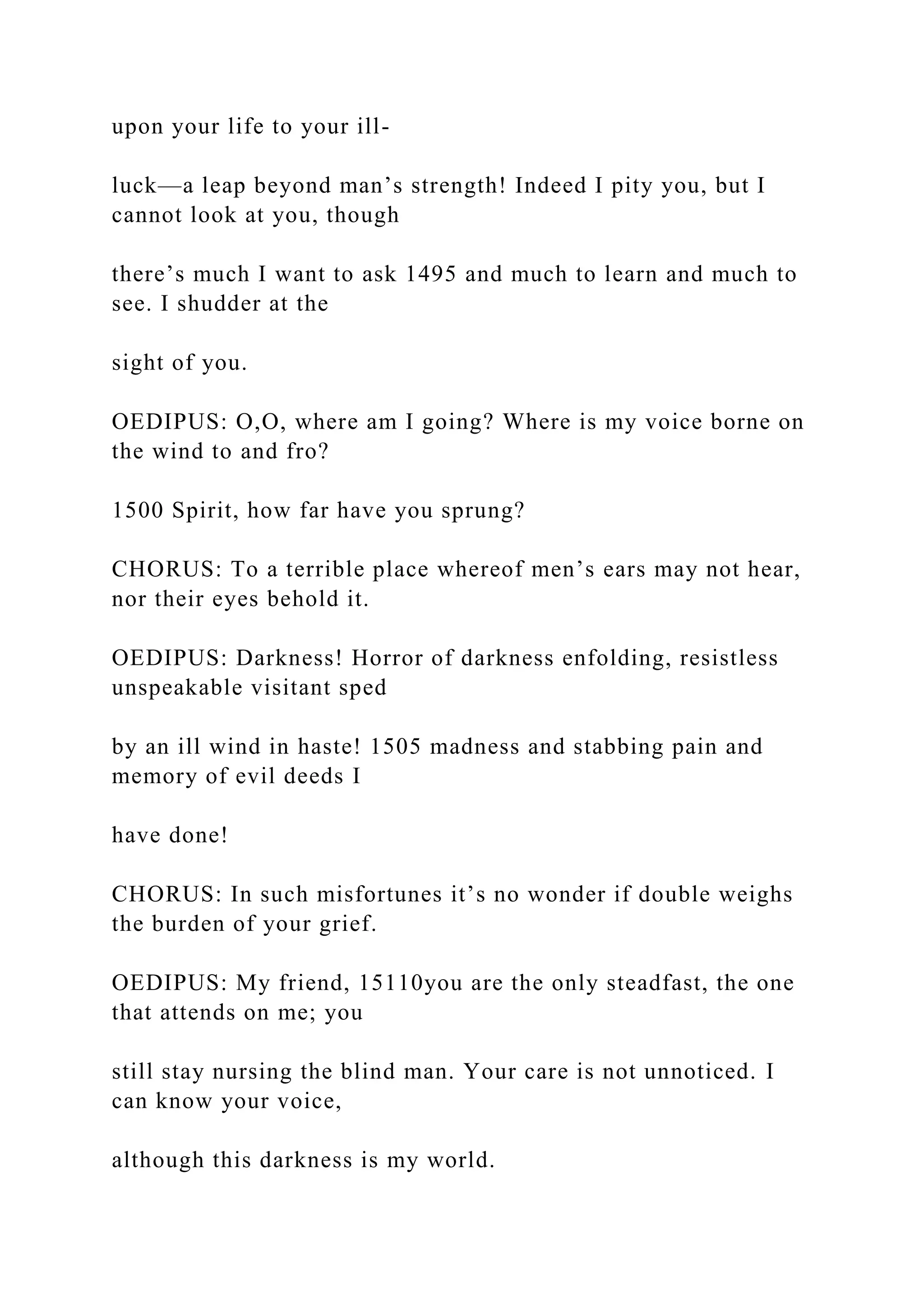 upon your life to your ill-
luck—a leap beyond man’s strength! Indeed I pity you, but I
cannot look at you, though
there’s much I want to ask 1495 and much to learn and much to
see. I shudder at the
sight of you.
OEDIPUS: O,O, where am I going? Where is my voice borne on
the wind to and fro?
1500 Spirit, how far have you sprung?
CHORUS: To a terrible place whereof men’s ears may not hear,
nor their eyes behold it.
OEDIPUS: Darkness! Horror of darkness enfolding, resistless
unspeakable visitant sped
by an ill wind in haste! 1505 madness and stabbing pain and
memory of evil deeds I
have done!
CHORUS: In such misfortunes it’s no wonder if double weighs
the burden of your grief.
OEDIPUS: My friend, 15110you are the only steadfast, the one
that attends on me; you
still stay nursing the blind man. Your care is not unnoticed. I
can know your voice,
although this darkness is my world.
 