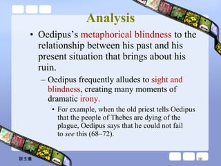 Analysis Oedipus’s  metaphorical blindness  to the relationship between his past and his present situation that brings about his ruin.  Oedipus frequently alludes to  sight and blindness , creating many moments of dramatic  irony. For example, when the old priest tells Oedipus that the people of Thebes are dying of the plague, Oedipus says that he could not fail to  see  this (68–72). 談玉儀 