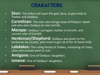 CHARACTERS
•   Zeus: The elders call upon the god, Zeus, to give help to
    Thebes and Oedipus.
•   Corinthian: The man who brings news of Polybus' death
    and who asks Oedipus to rule Corinth.
•   Merope: Oedipus' surrogate mother in Corinth, and
    current ruler of Corinth
•   Herdsman/Shepherd: Oedipus was given to the
    herdsman by Jocasta, who tried to get rid of her ill-fated child.
•   Labdakos: The ruling family of Thebes, consisting of Creon,
    Laios and Jocasta want to rule.
•   Antigone: One of Oedipus' daughters.
•   Ismene: One of Oedipus' daughters.
 