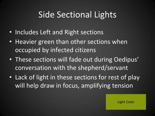 Side Sectional Lights 
• Includes Left and Right sections 
• Heavier green than other sections when 
occupied by infected citizens 
• These sections will fade out during Oedipus’ 
conversation with the shepherd/servant 
• Lack of light in these sections for rest of play 
will help draw in focus, amplifying tension 
Light Color 
 