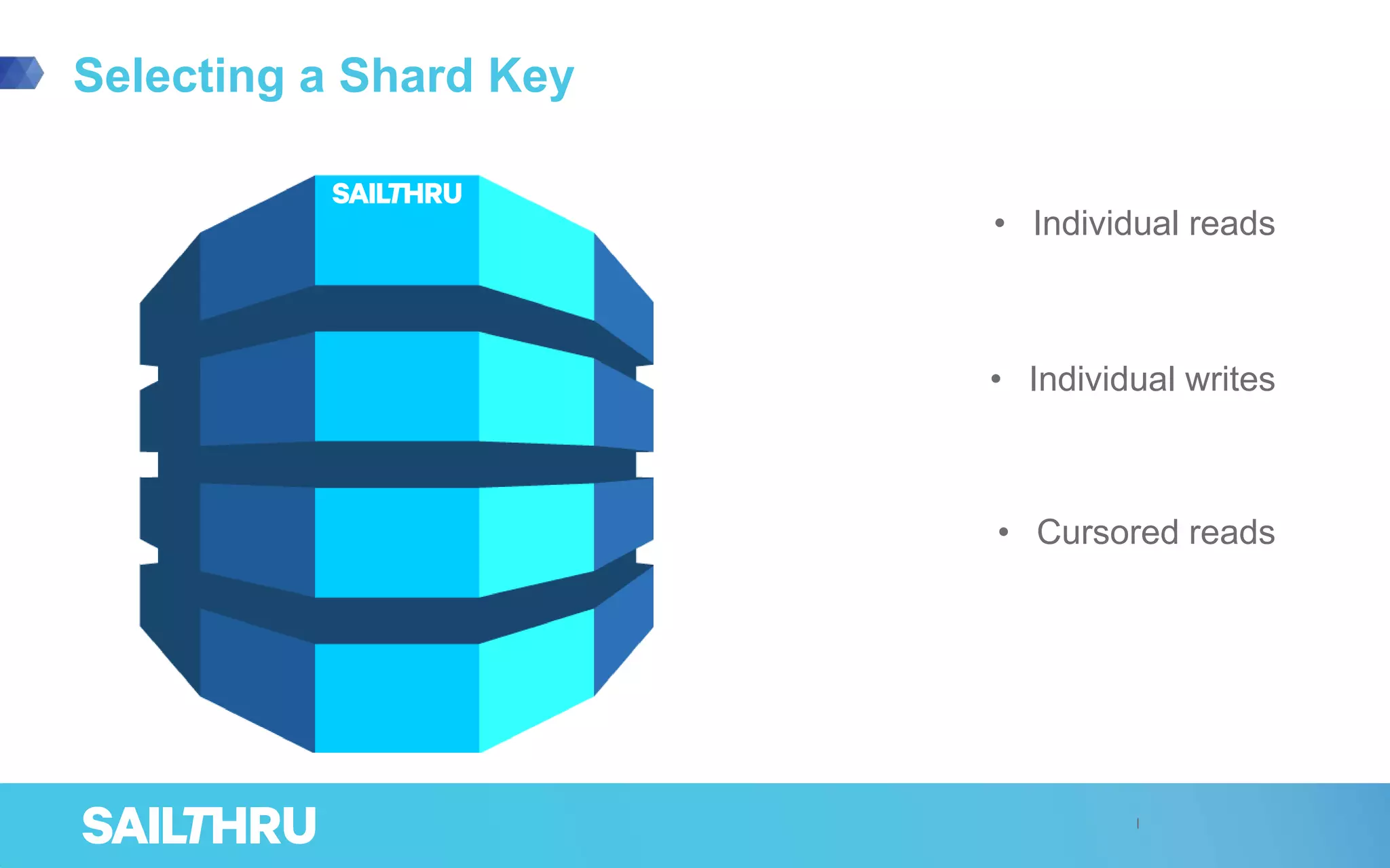 Selecting a Shard Key
• Individual reads
• Individual writes
• Cursored reads
 