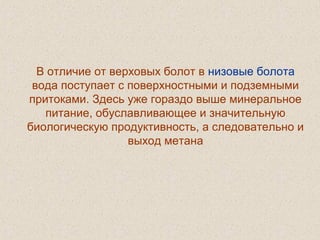 В отличие от верховых болот в низовые болота
вода поступает с поверхностными и подземными
притоками. Здесь уже гораздо выше минеральное
питание, обуславливающее и значительную
биологическую продуктивность, а следовательно и
выход метана
 