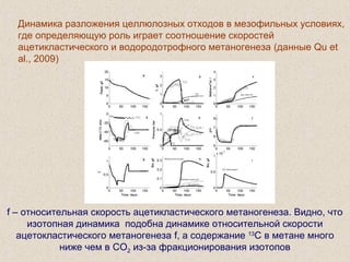  
Динамика разложения целлюлозных отходов в мезофильных условиях,
где определяющую роль играет соотношение скоростей
ацетикластического и водородотрофного метаногенеза (данные Qu et
al., 2009)
f – относительная скорость ацетикластического метаногенеза. Видно, что
изотопная динамика подобна динамике относительной скорости
ацетокластического метаногенеза f, а содержание 13
С в метане много
ниже чем в CO2 из-за фракционирования изотопов
δ
 