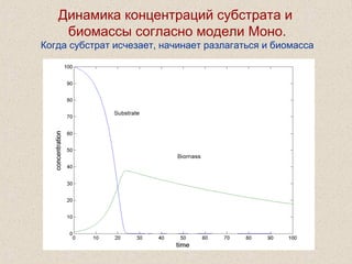 Динамика концентраций субстрата и
биомассы согласно модели Моно.
Когда субстрат исчезает, начинает разлагаться и биомасса
 