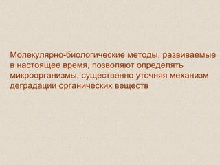 Молекулярно-биологические методы, развиваемые
в настоящее время, позволяют определять
микроорганизмы, существенно уточняя механизм
деградации органических веществ
 