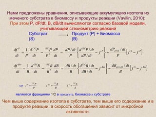 Нами предложены уравнения, описывающие аккумуляцию изотопа из
меченого субстрата в биомассу и продукты реакции (Vavilin, 2010):
При этом P, dP/dt, B, dB/dt вычисляются согласно базовой модели,
учитывающей стехиометрию реакций
Субстрат
(S)
Продукт (P) + Биомасса
(B)
P
P
f
C
P
13
=
B
B
f
C
Bio
13
=
S
S
f
C
S
13
=где
являются фракциями 13
C в продукте, биомассе и субстрате
Чем выше содержание изотопа в субстрате, тем выше его содержание и в
продукте реакции, а скорость обогащения зависит от микробной
активности
{ }PSprodP
CCCP
ff
P
dtdP
f
dtdP
dtPd
P
dtdP
dt
dP
P
P
dt
Pd
Pdt
df
−≈






−=−=
/
/
//1 13
2
1313
{ }BioSgrowthBio
CCCBio
ff
B
dtdB
f
dtdB
dtBd
B
dtdB
dt
dB
B
B
dt
Bd
Bdt
df
−≈






−=−=
/
/
//1 13
2
1313
 