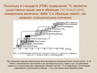  
Поскольку в стандарте (PDB) содержание 13
С является
существенно выше чем в образцах (13
C/12
C=0,0112372),
измеренные величины ‘delta’ C в образцах имеют, как
правило, отрицательные значения
При усвоении углерода живым веществом связывается преимущественно легкий изотоп 12
С. В
связи с этим вещество организмов и его производные (уголь, нефть и др.) на диаграмме
сдвинуты в сторону меньших содержаний тяжелого изотопа 13
С по сравнению с источниками
усваиваемого организмами углерода — С02 и растворенными бикарбонатами
 