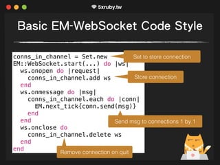 Basic EM-WebSocket Code Style
conns_in_channel = Set.new
EM::WebSocket.start(...) do |ws|
ws.onopen do |request|
conns_in_channel.add ws
end
ws.onmessage do |msg|
conns_in_channel.each do |conn|
EM.next_tick{conn.send(msg)}
end
end
ws.onclose do
conns_in_channel.delete ws
end
end
Store connection
Remove connection on quit
Set to store connection
Send msg to connections 1 by 1
 