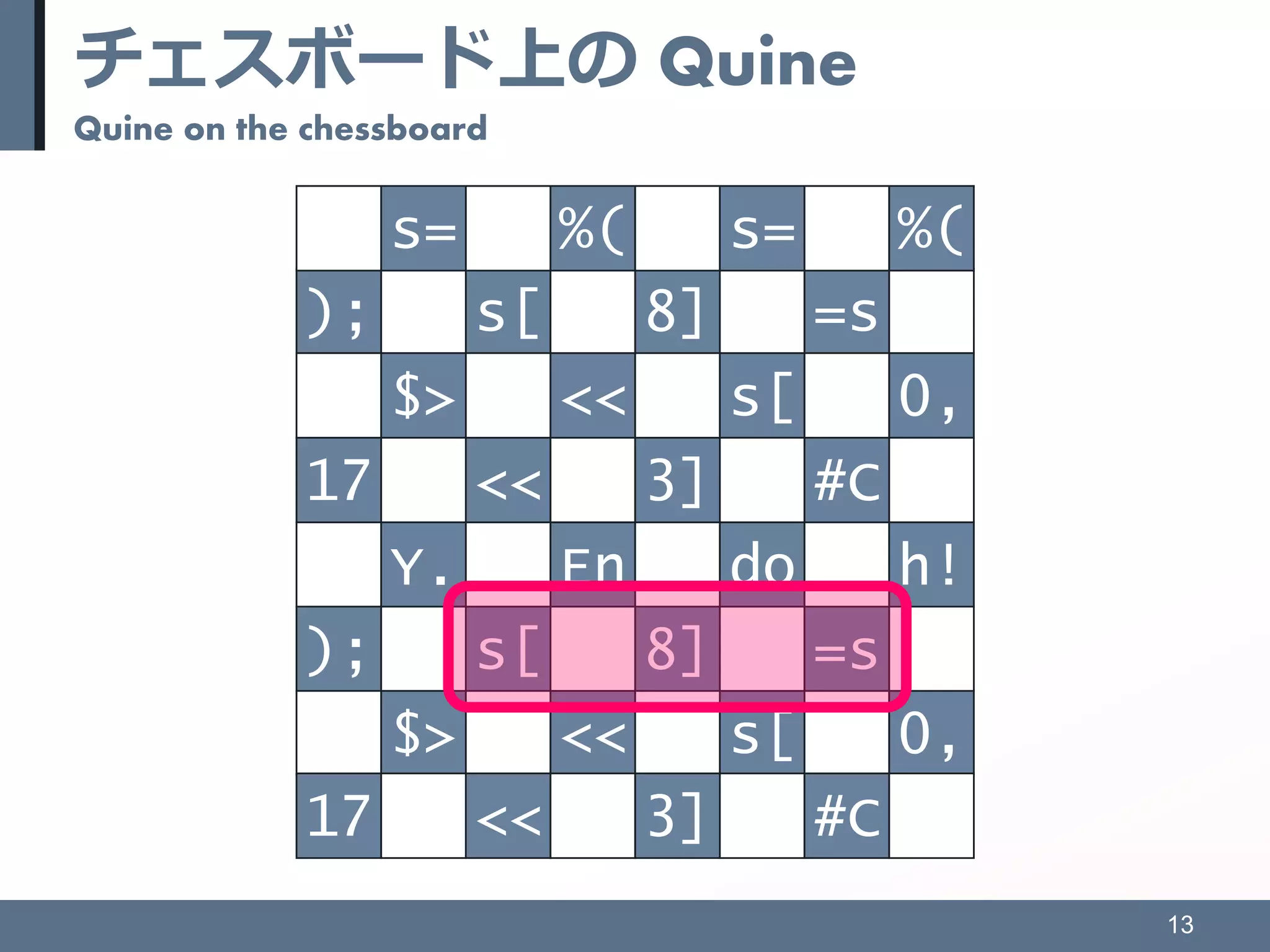 チェスボード上の Quine
Quine on the chessboard
13
); s[ 8] =s
$> << s[ 0,
17 << 3] #C
Y. En do h!
); s[ 8] =s
$> << s[ 0,
17 << 3] #C
s= %( s= %(
 