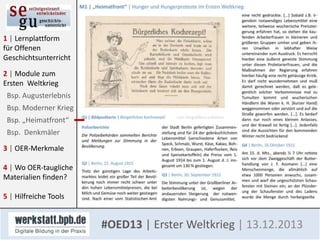 1 | Lernplattform
für Offenen
Geschichtsunterricht
2 | Module zum
Ersten Weltkrieg
Bsp. Augusterlebnis
Bsp. Moderner Krieg
Bsp. „Heimatfront“
Bsp. Denkmäler
3 | OER-Merkmale

4 | Wo OER-taugliche
Materialien finden?
5 | Hilfreiche Tools

#OED13 | Erster Weltkrieg | 13.12.2013

 