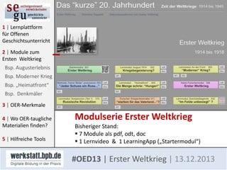 1 | Lernplattform
für Offenen
Geschichtsunterricht
2 | Module zum
Ersten Weltkrieg
Bsp. Augusterlebnis
Bsp. Moderner Krieg
Bsp. „Heimatfront“
Bsp. Denkmäler
3 | OER-Merkmale

4 | Wo OER-taugliche
Materialien finden?
5 | Hilfreiche Tools

Modulserie Erster Weltkrieg
Bisheriger Stand:
 7 Module als pdf, odt, doc
 1 Lernvideo & 1 LearningApp („Startermodul“)

#OED13 | Erster Weltkrieg | 13.12.2013

 
