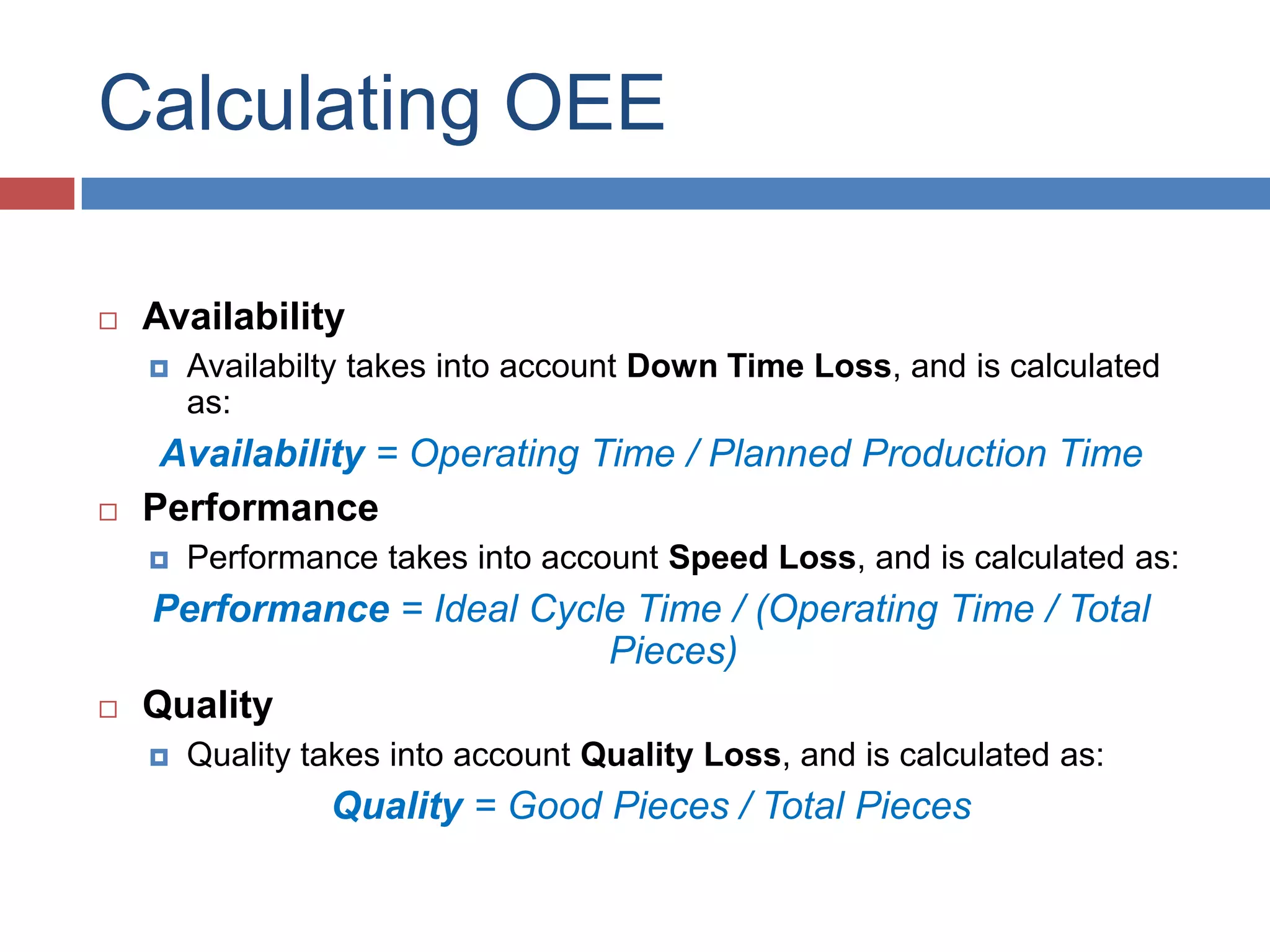 Calculating OEEAvailabilityAvailabilty takes into account Down Time Loss, and is calculated as:Availability = Operating Time / Planned Production Time Performance Performance takes into account Speed Loss, and is calculated as:Performance = Ideal Cycle Time / (Operating Time / Total Pieces)QualityQuality takes into account Quality Loss, and is calculated as:Quality = Good Pieces / Total Pieces 