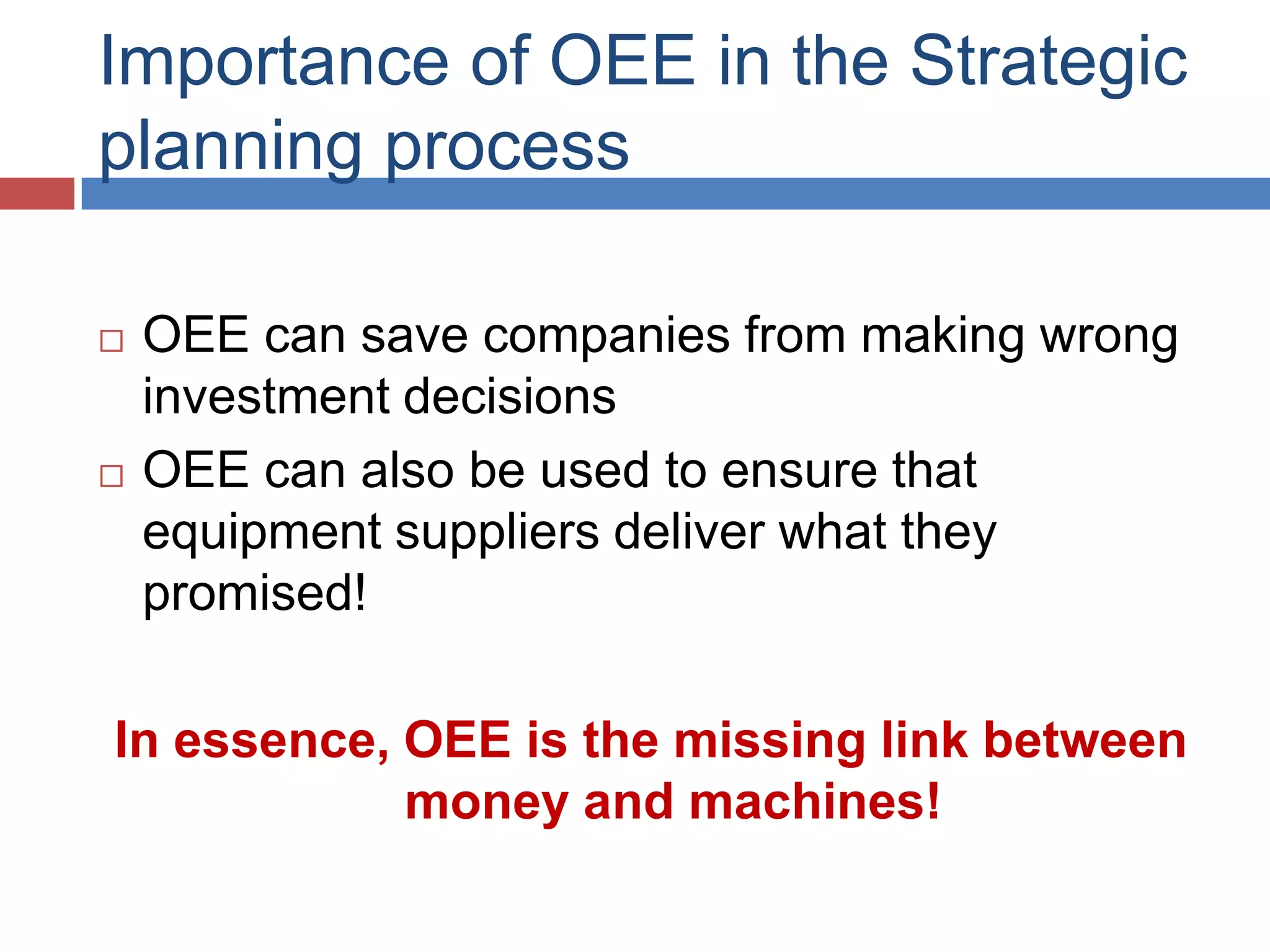 Importance of OEE in the Strategic planning processOEE can save companies from making wrong investment decisionsOEE can also be used to ensure that equipment suppliers deliver what they promised!In essence, OEE is the missing link between money and machines!