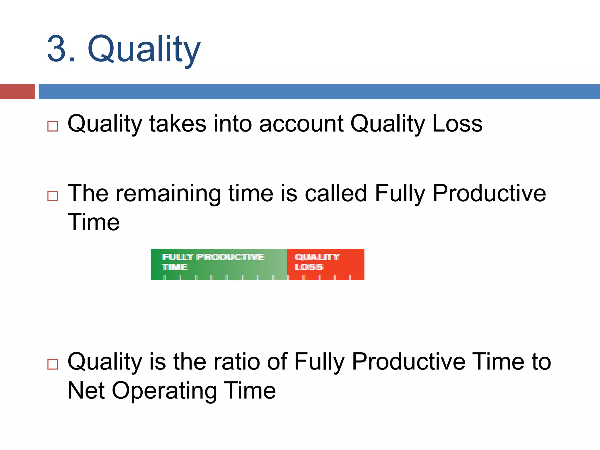 3. QualityQuality takes into account Quality LossThe remaining time is called Fully Productive TimeQuality is the ratio of Fully Productive Time to Net Operating Time