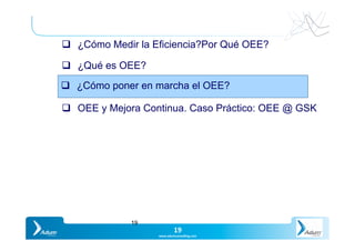 Slide	19	
Y O U R P A R T N E R I N P R O D U C T I V I T
19	
www.adumconsul1ng.com	
19
q  ¿Cómo Medir la Eficiencia?Por Qué OEE?
q  ¿Qué es OEE?
q  ¿Cómo poner en marcha el OEE?
q  OEE y Mejora Continua. Caso Práctico: OEE @ GSK
q  ¿Cómo poner en marcha el OEE?
 