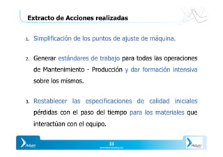 Slide	33	
Y O U R P A R T N E R I N P R O D U C T I V I T
33	
www.adumconsul1ng.com	
Extracto de Acciones realizadas
1.  Simplificación de los puntos de ajuste de máquina.
2.  Generar estándares de trabajo para todas las operaciones
de Mantenimiento - Producción y dar formación intensiva
sobre los mismos.
3.  Restablecer las especificaciones de calidad iniciales
pérdidas con el paso del tiempo para los materiales que
interactúan con el equipo.
 