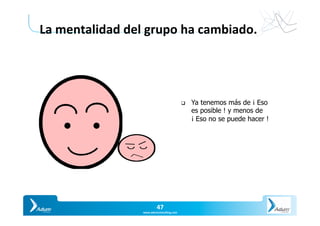 Slide	47	
Y O U R P A R T N E R I N P R O D U C T I V I T
47	
www.adumconsul1ng.com	
La	mentalidad	del	grupo	ha	cambiado.	
q  Ya tenemos más de ¡ Eso
es posible ! y menos de
¡ Eso no se puede hacer !
 