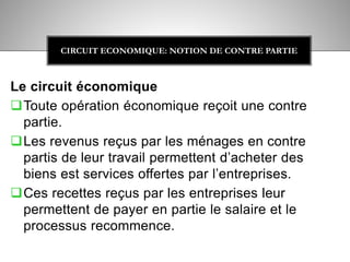 Le circuit économique
Toute opération économique reçoit une contre
partie.
Les revenus reçus par les ménages en contre
partis de leur travail permettent d’acheter des
biens est services offertes par l’entreprises.
Ces recettes reçus par les entreprises leur
permettent de payer en partie le salaire et le
processus recommence.
CIRCUIT ECONOMIQUE: NOTION DE CONTRE PARTIE
 