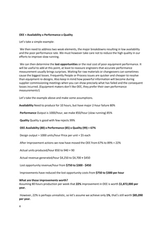  
OEE = Availability x Performance x Quality 

Let’s take a simple example: 
 
 We then need to address two weak elements, the major breakdowns resulting in low availability 
and the poor performance rate. We must however take care not to reduce the high quality in our 
efforts to improve slow running. 
 
 We can then determine the lost opportunities or the real cost of poor equipment performance. It 
will be useful to add at this point, at least to reassure engineers that accurate performance 
measurement usually brings surprises. Waiting for raw materials or changeovers can sometimes 
cause the biggest losses. Frequently People or Process issues are quicker and cheaper to resolve 
than equipment re‐designs. Also keep in mind how powerful information will become during 
supplier commissioning meetings when you can show precisely what has failed and the consequent 
losses incurred. (Equipment makers don’t like OEE, they prefer their own performance 
measurements!) 
 
Let’s take the example above and make some assumptions.  
 
Availability Need to produce for 10 hours, but have major 2‐hour failure 80% 
 
 Performance Output is 1000/hour, we make 850/hour (slow running) 85% 
 
 Quality Quality is good with few rejects 99% 
 
 OEE Availabilty (80) x Performance (85) x Quality (99) = 67% 
 
 Design output = 1000 units/hour Price per unit = $5 each 
 
 After Improvement actions we now have moved the OEE from 67% to 89% + 22% 
 
 Actual units produced/hour 850 to 940 + 90 
 
 Actual revenue generated/hour $4,250 to $4,700 + $450 
 
 Lost opportunity revenue/hour from $750 to $300 ‐ $450 
 
 Improvements have reduced the lost opportunity costs from $750 to $300 per hour 
 
What are those improvements worth? 
Assuming 80 hours production per week that 22% improvement in OEE is worth $1,872,000 per 
year. 
 
 However, 22% is perhaps unrealistic, so let’s assume we achieve only 1%, that’s still worth $85,090 
per year. 

4 
 
 