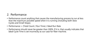 2. Performance
• Performance count anything that causes the manufacturing process to run at less
than the maximum possible speed when it is running (including both Slow
Cycles and Small Stops).
• Performance = (Total Count / Run Time) / Ideal Run Rate
• Performance should never be greater than 100%. If it is, that usually indicates that
Ideal Cycle Time is set incorrectly as our case for fiber machine.
 